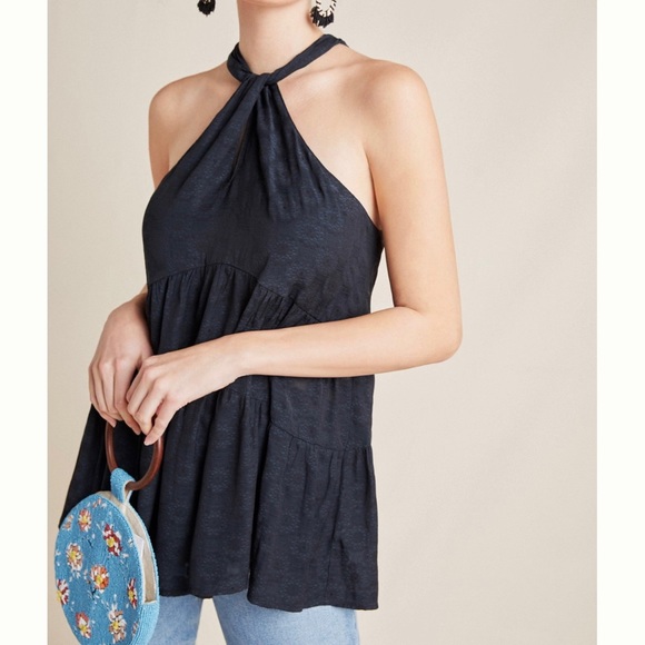 Anthropologie New without tags black Halter swing tiered top . Size L - Picture 1 of 8
